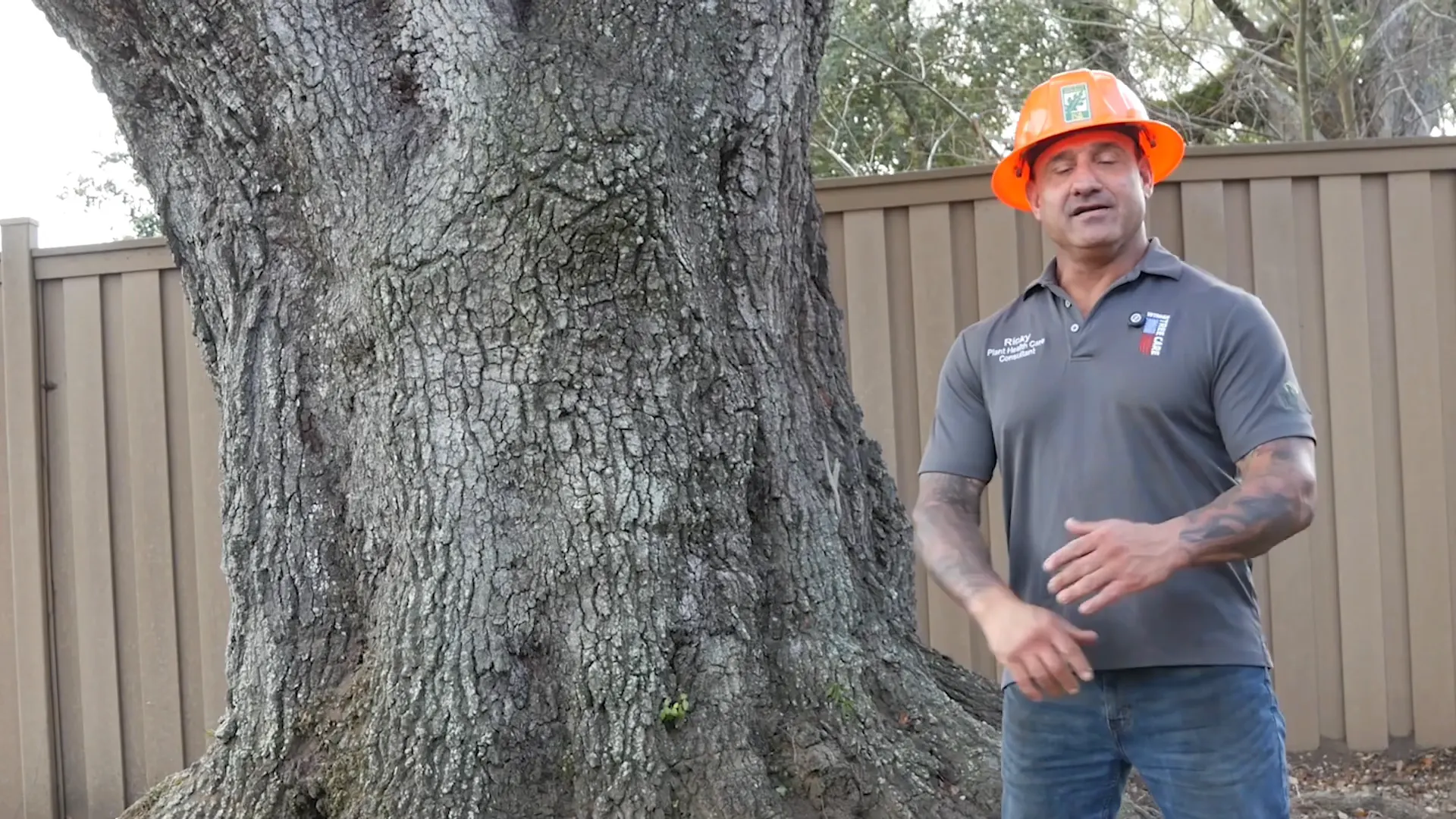 Ricky Folse beside the trunk of a massive live oak