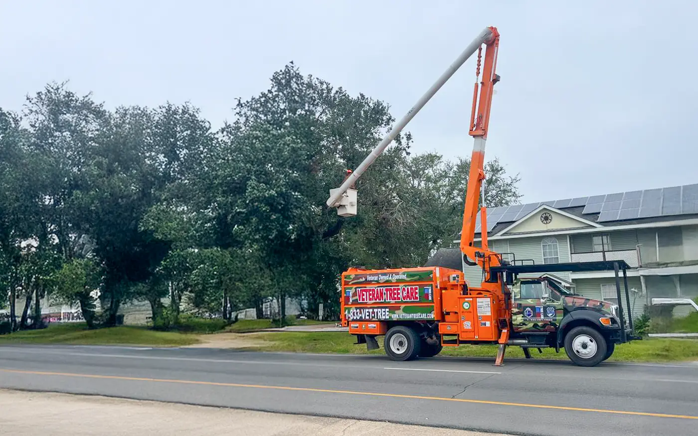 Veteran Tree Care bucket truck working at a roadside job